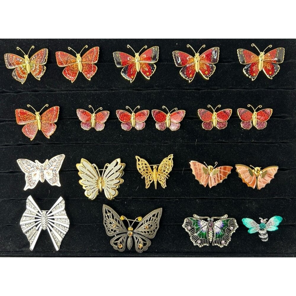 Vintage Butterfly Brooch Lot Of 20 Gold Tone Sparkle Enamel Colorful